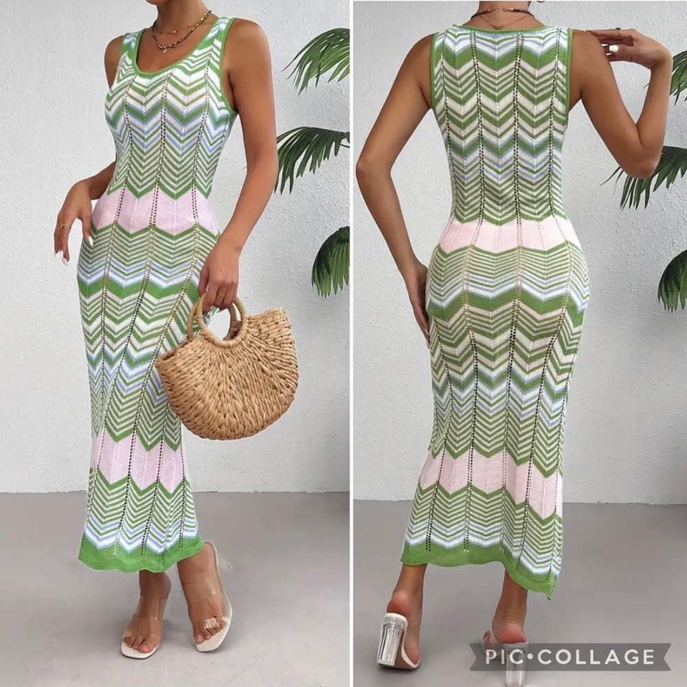 New Crochet Chevron Pattern Crew Neck Tank Dress Long Maxi Sleeveless KnittedNWT
